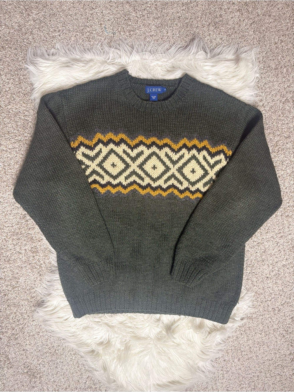J. Crew Wool Sweater Dark Olive Green Fair Isle Crewneck Cream Mustard Med
